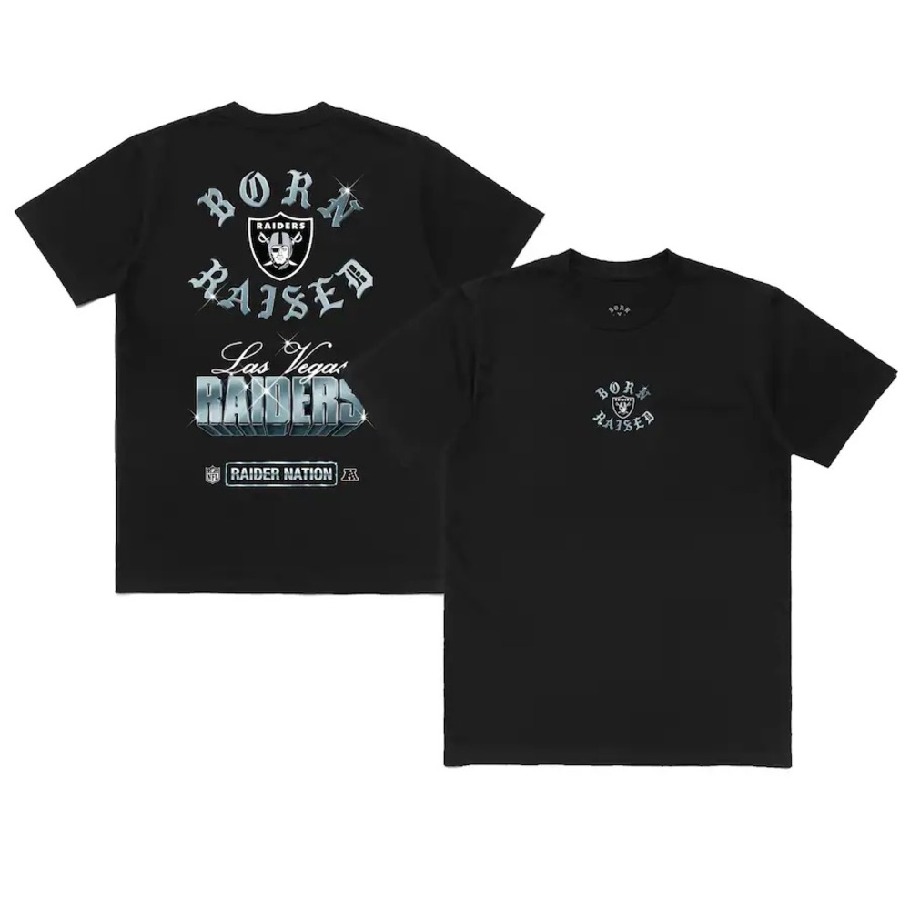 Mens Las Vegas Raiders Born x Raised Black Chrome Rocker T-Shirt - Size X-Large